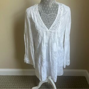 Korai White embroidered tunic coverup beaded v neck cotton slits Sz Small